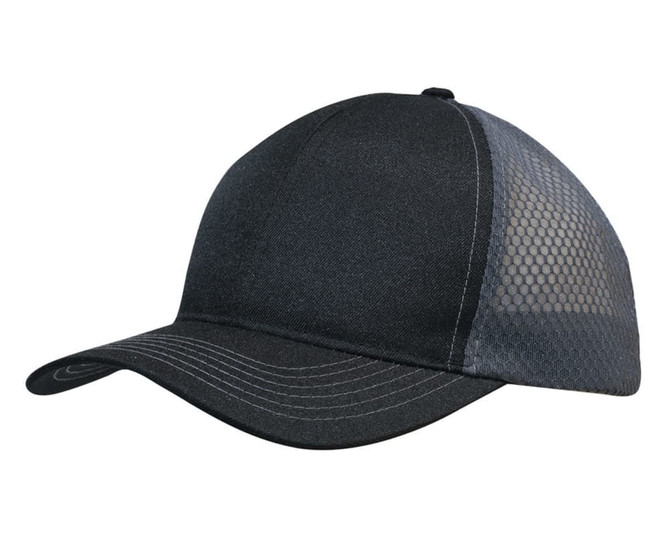 A black cap with honeycomb mesh panels and a structured design, featuring a curved peak and contrasting stitching.