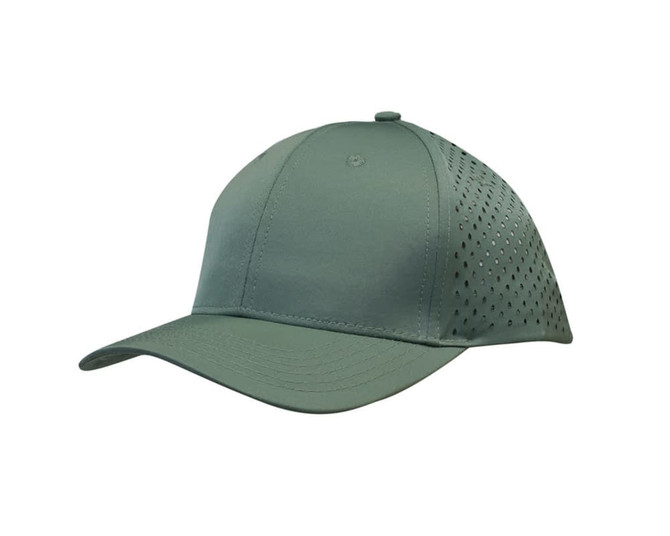 A green cap featuring tear drop perforations on the side and a solid front panel. It has a logo on the front.