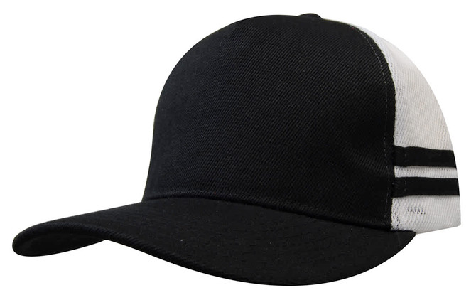 A black and white trucker cap with stripes and a logo. Features a deep fit design and a mesh back.