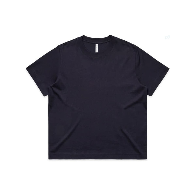 A navy blue box tee with a relaxed fit and short sleeves. The shirt features a simple design and has a logo.