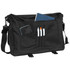 A black briefcase featuring multiple pockets, including space for a notebook, pens, and a phone. It has a shoulder strap and branding.