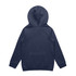 A navy hoodie with a hood, featuring long sleeves and a solid back design. It has a logo on the back.