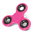 A fidget spinner in vibrant pink with black spindles, featuring a smooth surface and a central hub.