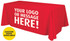A red table cover with a smooth drape and a logo area for customisation. Yellow circle indicating custom sizes available.