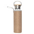 A drink bottle with a stainless steel top, wooden lid, and a textured beige fabric cover. It features a handle and a strap.