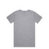 A grey T-shirt with short sleeves and a round neckline. The shirt features a logo on the label.
