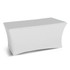 A medium stretched tablecloth in white, featuring a fitted design with smooth curves. It has a logo on one side.