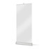 A pull-up banner stand featuring a blank, white banner and a silver base. Ideal for promotional displays.