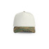 A two-tone camo cap featuring a white front and green camouflaged brim, with a logo on the side.