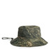 A wide brim bucket hat featuring a camouflage pattern in shades of green and brown, with an adjustable strap.