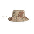 A wide-brimmed bucket hat in a camo pattern featuring shades of beige and brown, with an adjustable strap.