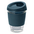 A drink bottle with a dark teal silicone lid and sleeve, featuring a clear glass body. It has a logo on the lid.
