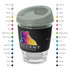 A drink bottle in various colours with a transparent base and a grey lid. It features a logo on the body.