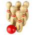 A wooden bowling set featuring six pins with red stripes and a red bowling ball. The set includes a logo.