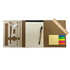 A stationery set featuring a notepad, pencil, ruler, eraser, and sticky notes in various colours, all in a brown portfolio.