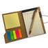A sticky note pad in a brown cover with yellow, pink, green, and blue sticky flags and a pen.