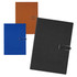 A selection of notebooks in blue, brown, and black, each with a textured cover and a silver clip feature.