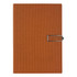 An orange notebook with a textured cover and a metal clasp closure, featuring a logo on the front.