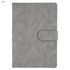 A grey notebook with a textured cover and a curved clasp closure, featuring a small logo.