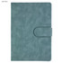 A light blue notebook with a textured cover and a simple closure. It features a logo on the front.