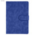 A navy blue notebook with a textured cover and a central clasp. It features a logo on the front.
