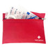 A red first aid pouch containing bandages, adhesive strips, and medical supplies, featuring a logo on the front.