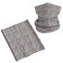 A grey Coolmax bandana featuring a repeated logo pattern in red. It can be styled in multiple ways.
