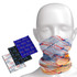 A bandana displayed on a mannequin head, featuring multiple designs in blue, black, and white, with branding elements.