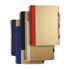A collection of A5 recycled paper notebooks in various colours, featuring spiral bindings and one with a pen holder.