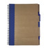 A recycled paper notebook with a brown cover and blue spiral binding, accompanied by a pen attached.