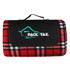 A red and black checked picnic blanket featuring a logo on the front and a carry handle on top.