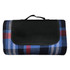 A folded picnic blanket in navy, red, and light blue plaid with a black backing and handle. Features a logo.