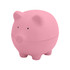 A pink stress-relief pig in a rounded shape with minimal detailing and a smooth finish. Features a logo on the base.