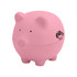 A pink stress-relief pig in a round shape with small ears, a snout, and a logo on the side.