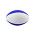 A stress football in blue and white, featuring a smooth surface and a rounded shape.
