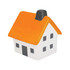 A stress relief toy in the shape of a house, featuring a white body and an orange roof with a black chimney.