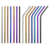 A collection of stainless steel drinking straws in various colours, including silver, gold, purple, blue, and pink.