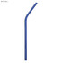 A blue stainless steel drinking straw with a bent design. Features a logo on the surface.