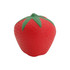 A red stress toy shaped like a strawberry with green leaves on top and a textured surface.