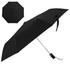 A black umbrella with a silver handle and a logo, displayed from different angles.