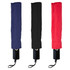 Three closed umbrellas in navy, black, and red, each featuring a black handle and a logo.