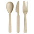 Wheat straw utensils in a light beige colour, including a spoon, knife, and fork arranged together.