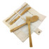A bamboo utensils set featuring a fork, spoon, and chopsticks in a natural colour, housed in a fabric roll with a logo.