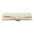 A beige, foldable utensil pouch with a button closure for holding bamboo utensils.