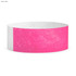 A neon pink Tyvek adult wristband with a textured design and a white section. Features a branding logo.
