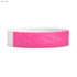 A neon pink wristband with a textured surface, featuring a white section. It includes a logo or branding.