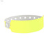 A bright yellow vinyl wristband with white holes and a snap button closure, featuring a logo.