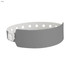 A grey vinyl wristband with holes and a fastener, featuring a logo on the side.