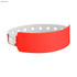 A rose red vinyl wristband with a white interior and multiple holes for fastening. Contains a logo.