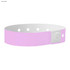 A lavender wristband with a white fastening and multiple holes for size adjustment. Features a logo.